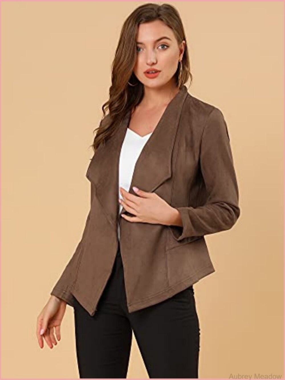 Faux Suede Open Front Cardigan Jacket with Drape Collar - Picture 3 of 7